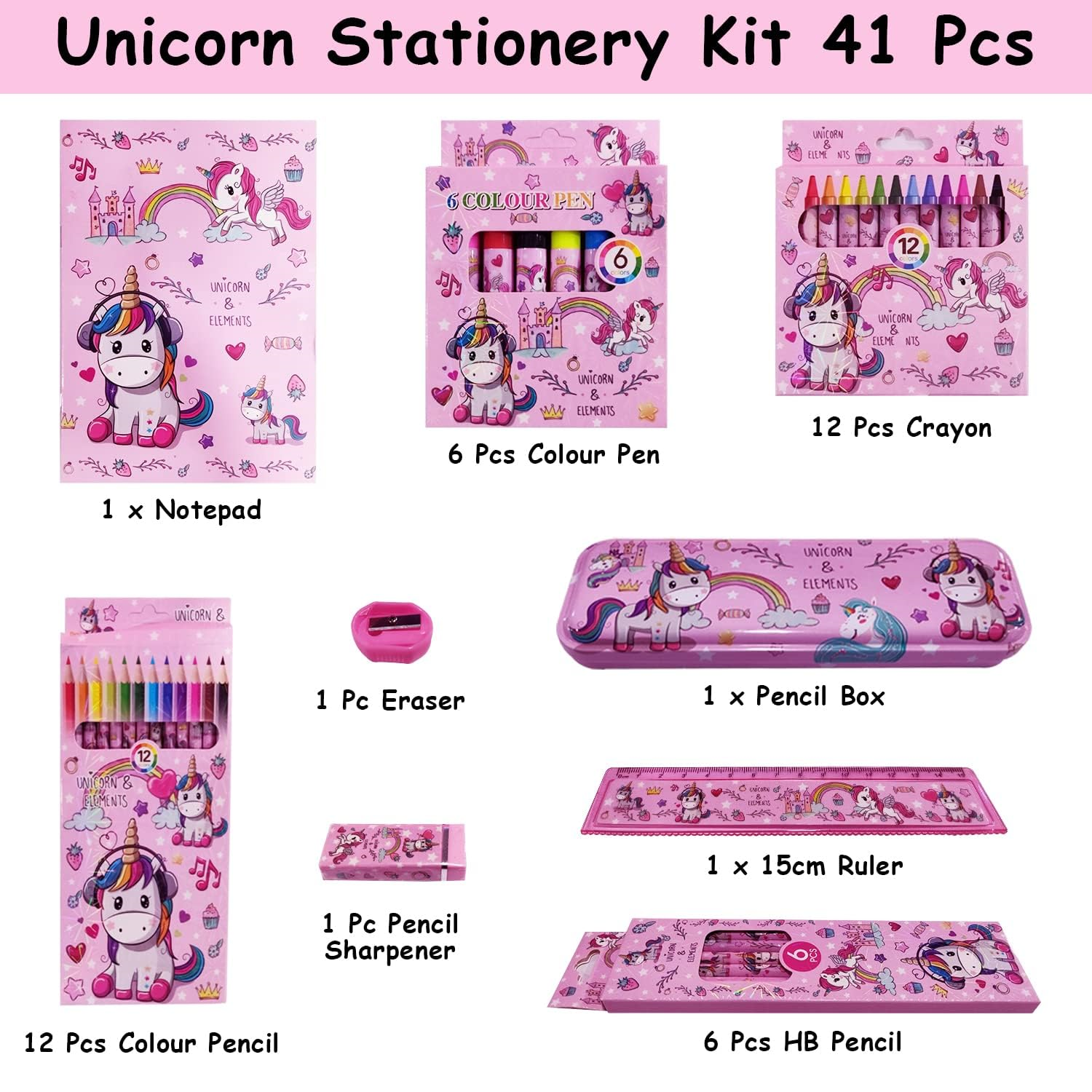 Love Unicorn Stationery Kit for Girls - 41-Piece Set | Pencil Box, Colors, Eraser, Sharpener | Gift for Girls | Unicorn School Kit | Stationery...